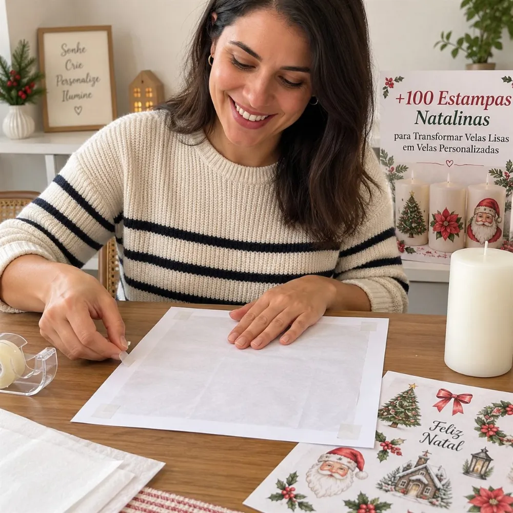Bancada com estampas impressas, vela e materiais de aplicação