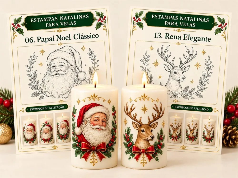 Páginas da coleção com as estampas e velas personalizadas ao lado