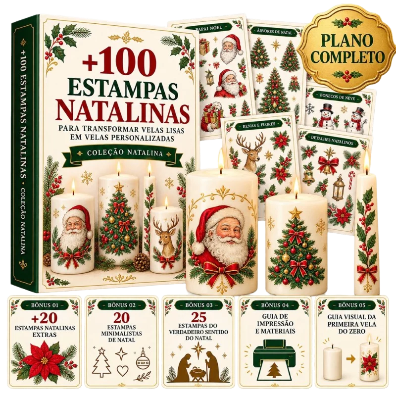 Vela natalina personalizada ao lado da estampa impressa correspondente